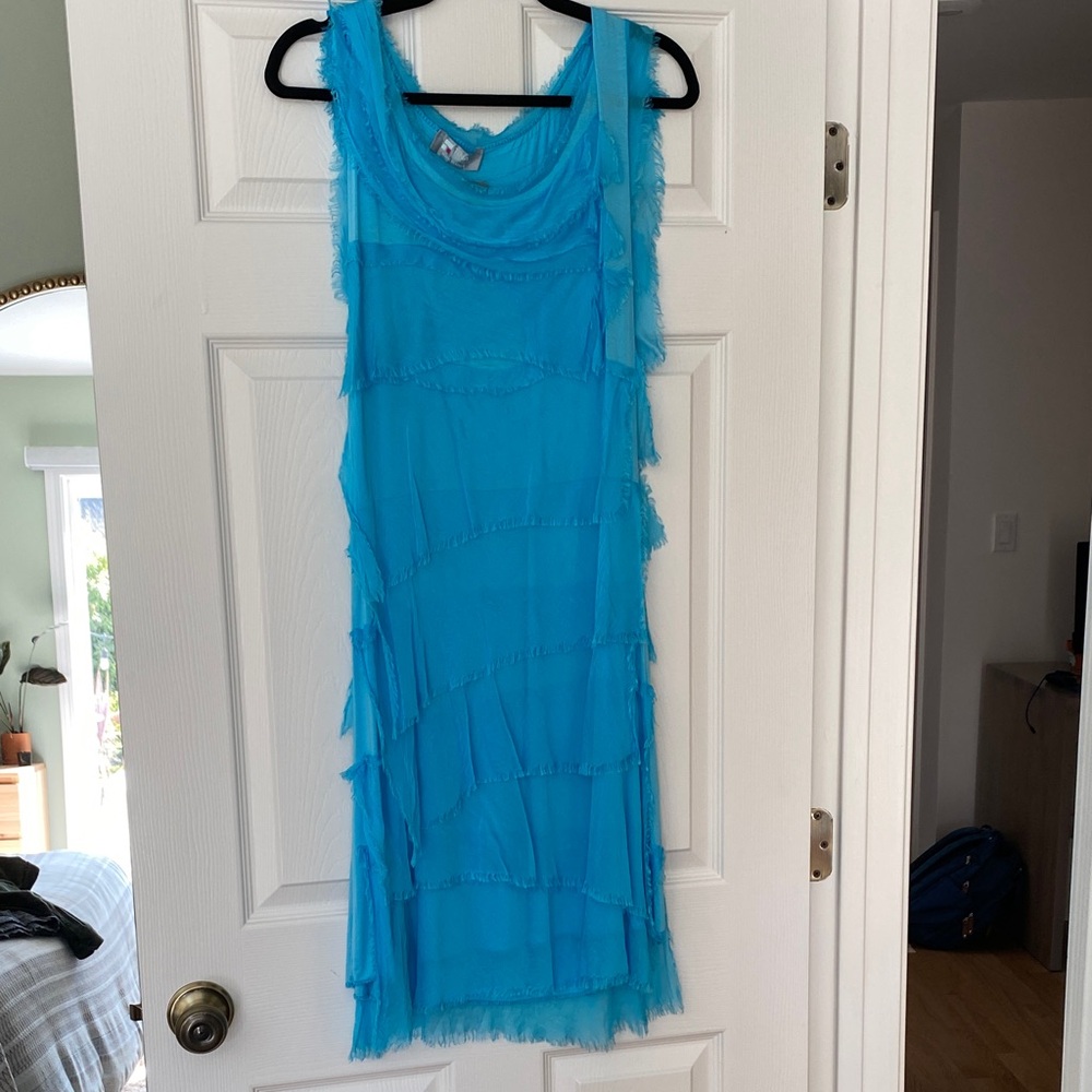 Tina Stephens Mariana Turquoise Silk Ruffle Dress OS